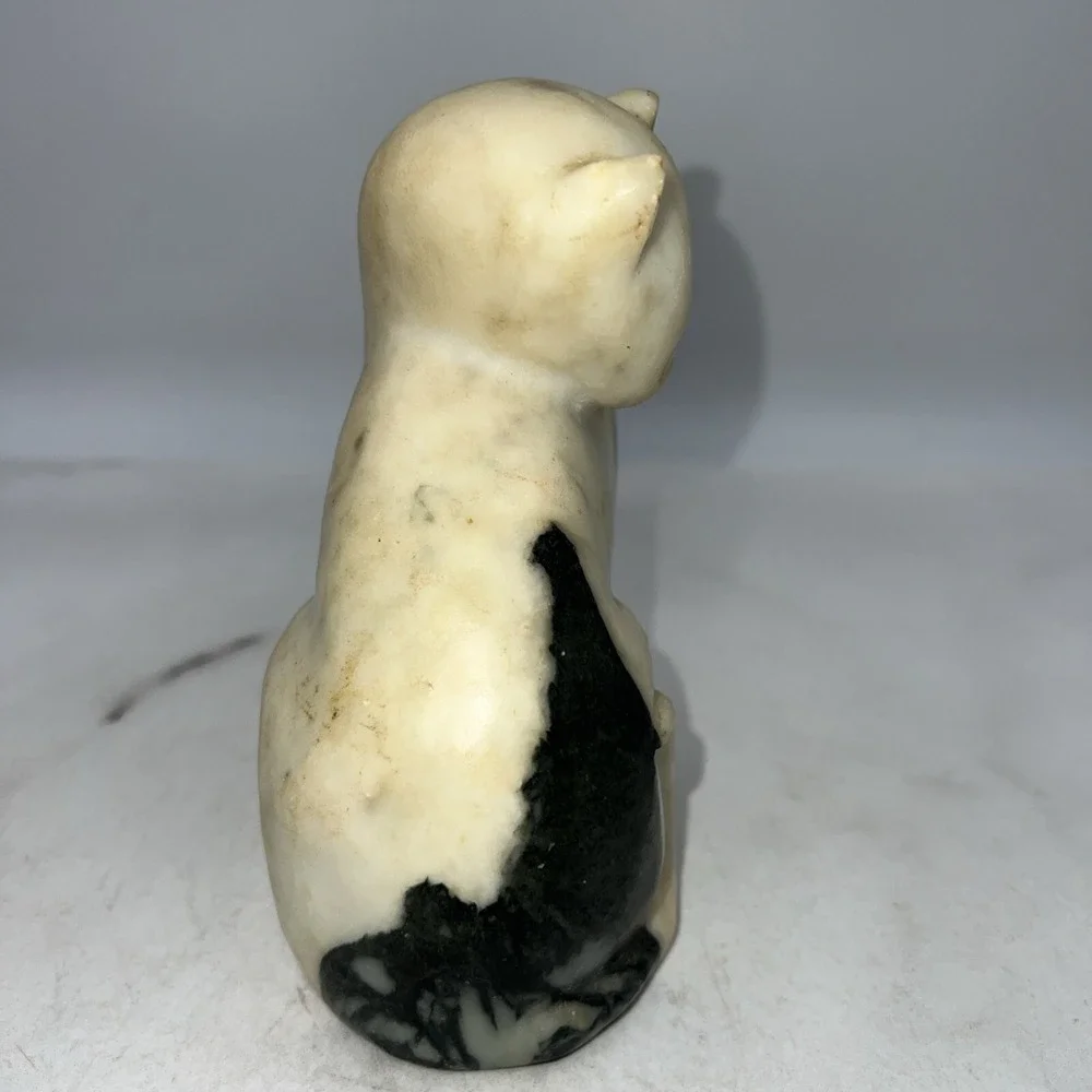 Vintage Marble Sitting Cat Kitten Figurine Sculpture Whimsical Gray and White